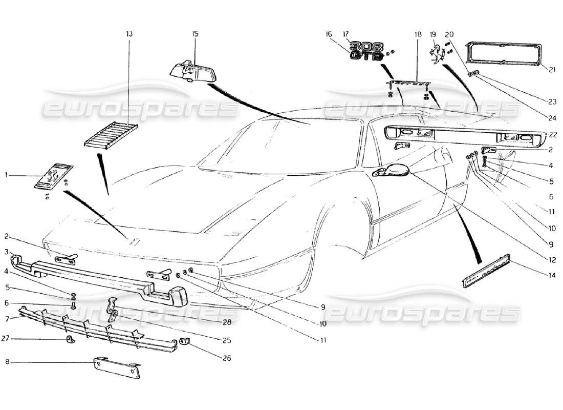 ferrari 308 gtb (1976) paragolpes y molduras (válido para rhd - versiones aus) diagrama de piezas