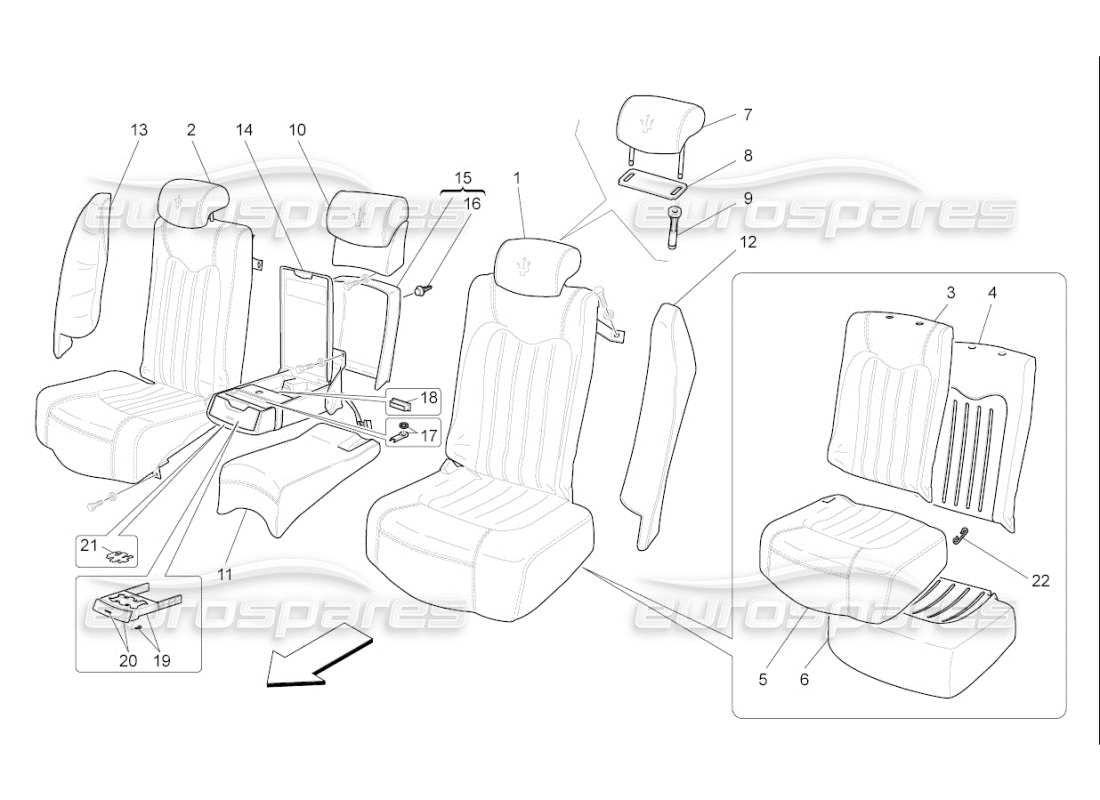 maserati qtp. (2010) 4.7 auto asientos traseros: paneles acabados diagrama de piezas