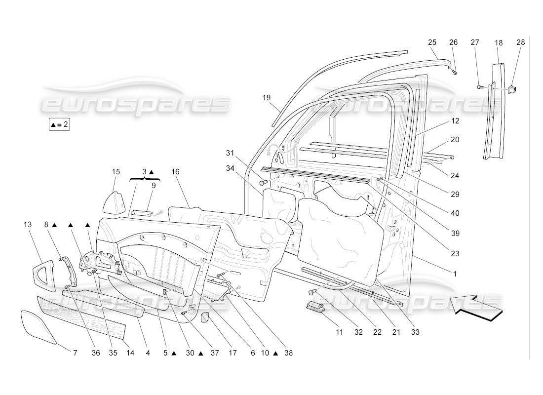 maserati qtp. (2007) 4.2 auto puertas delanteras: diagrama de piezas de los paneles embellecedores