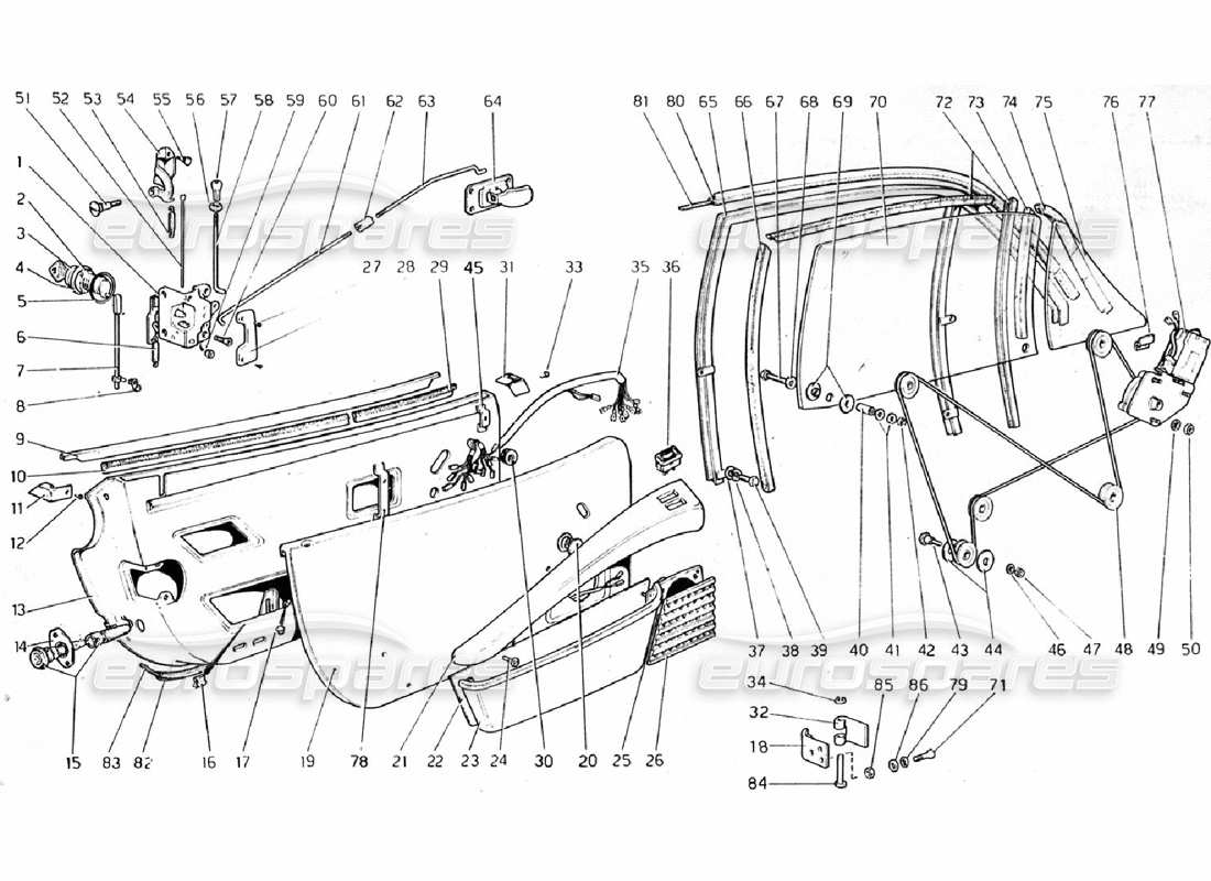ferrari 308 gtb (1976) diagrama de piezas de puertas (válido para versiones rhd - aus)