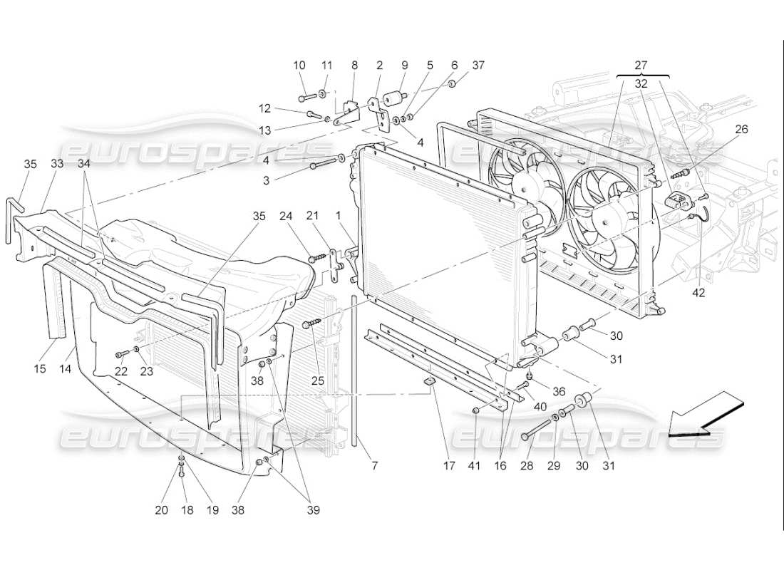 maserati qtp. (2008) 4.2 auto enfriamiento: diagrama de piezas de conductos y radiadores de aire