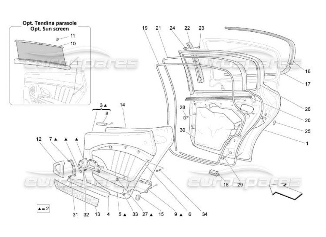 maserati qtp. (2005) 4.2 puertas traseras: diagrama de piezas de los paneles embellecedores