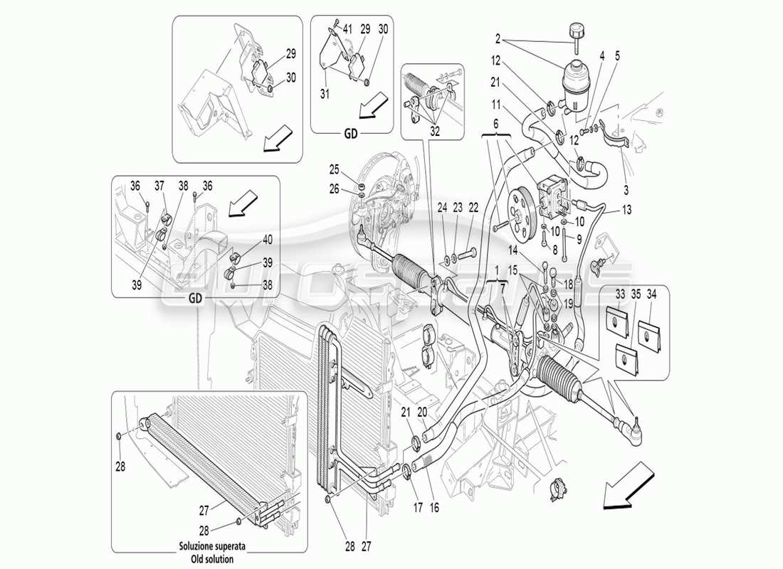 maserati qtp. (2007) 4.2 auto diagrama de piezas de la caja de dirección y la bomba de dirección hidráulica