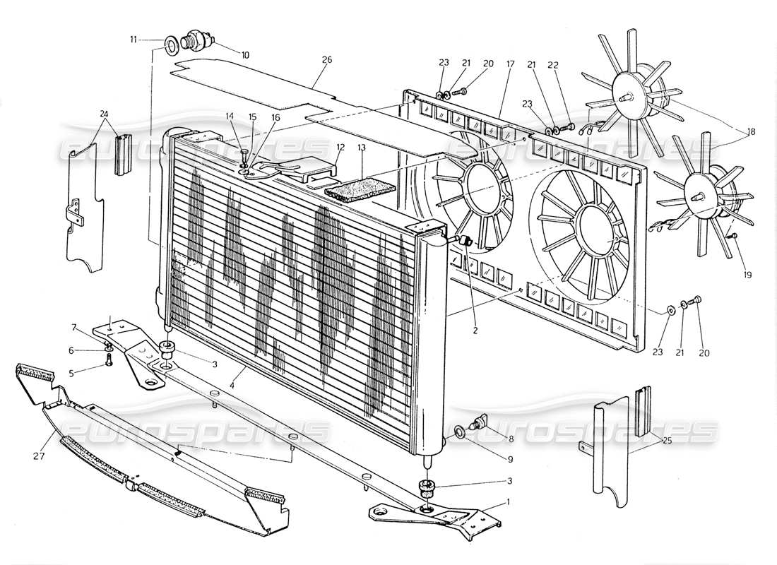 maserati 228 diagrama de piezas del radiador y los ventiladores de refrigeración