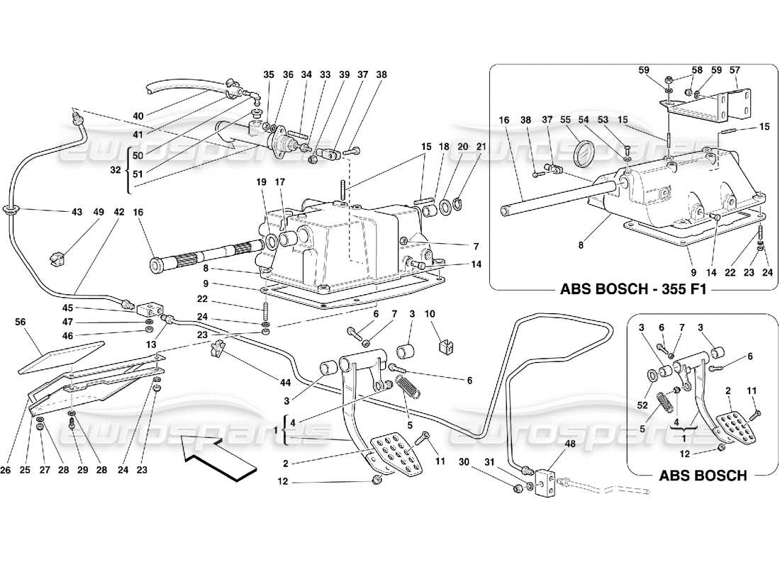 ferrari 355 (5.2 motronic) control de liberación del embrague y soporte del pedal diagrama de piezas