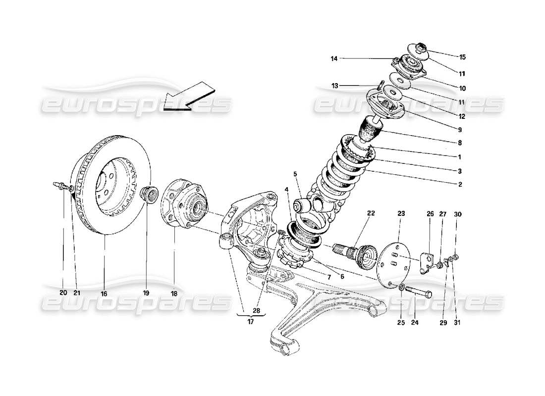 ferrari 348 (2.7 motronic) suspensión delantera - amortiguador y disco de freno diagrama de piezas