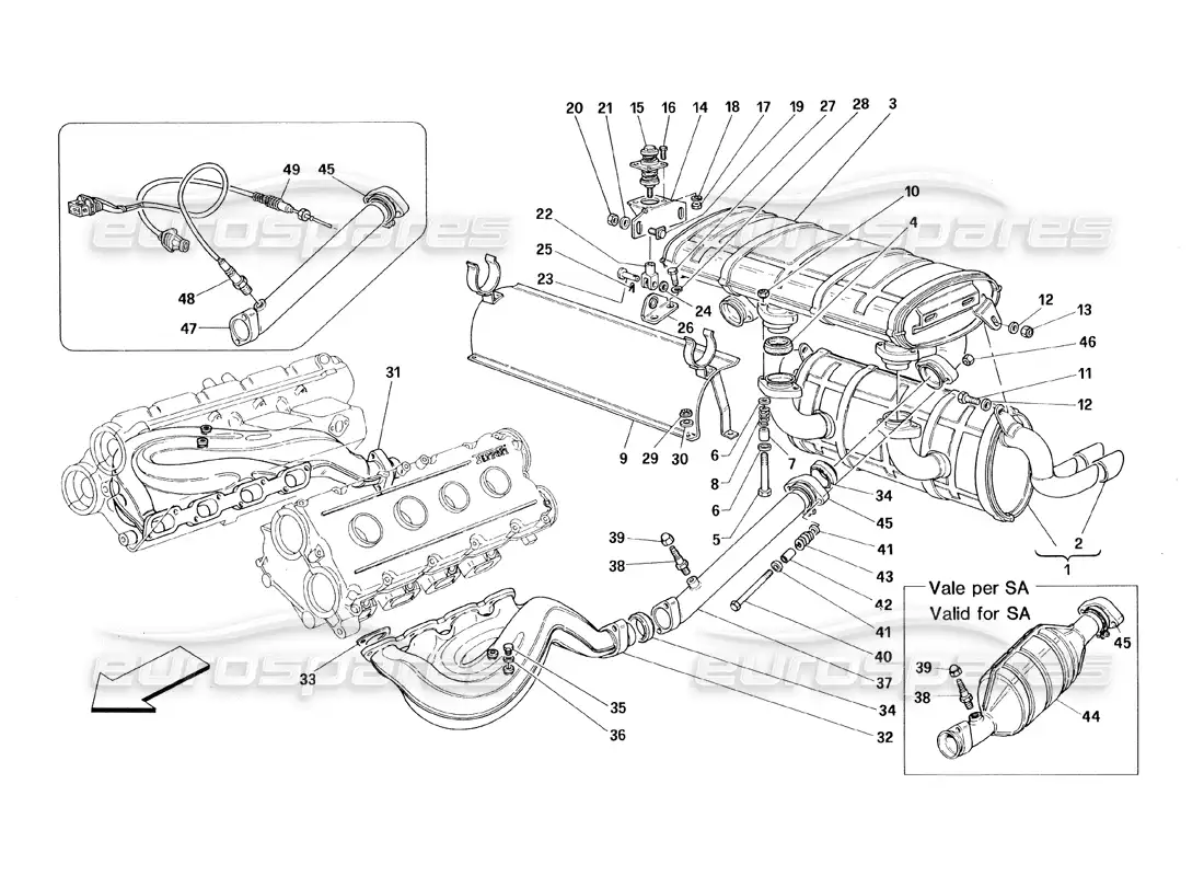 ferrari 348 (1993) tb / ts sistema de escape diagrama de piezas