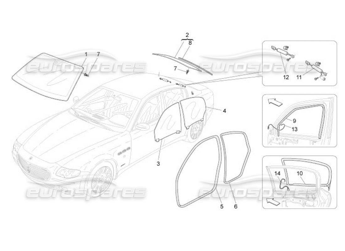 maserati qtp. (2005) 4.2 diagrama de piezas de ventanas y listones de ventanas