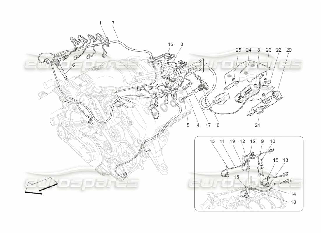 maserati grancabrio (2010) 4.7 control electrónico: diagrama de piezas de control de sincronización del motor y inyección