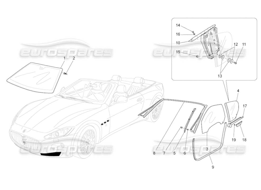 maserati grancabrio (2011) 4.7 diagrama de piezas de ventanas y listones de ventanas