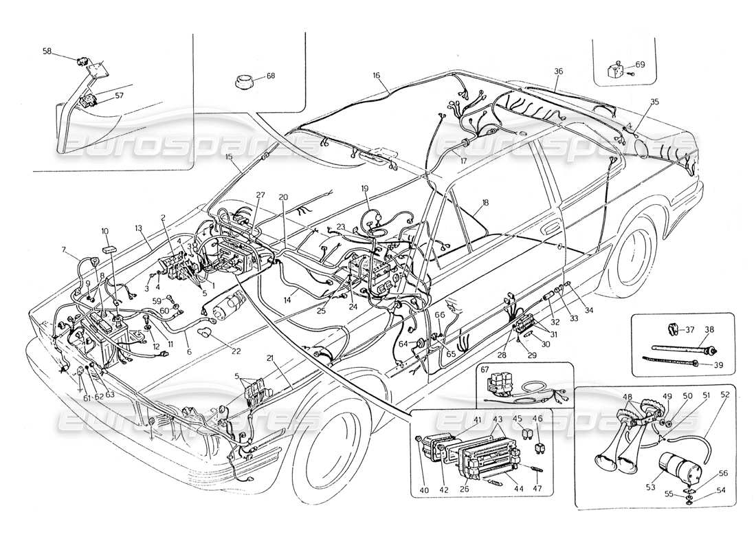 maserati 228 arnés de cableado y componentes eléctricos diagrama de piezas