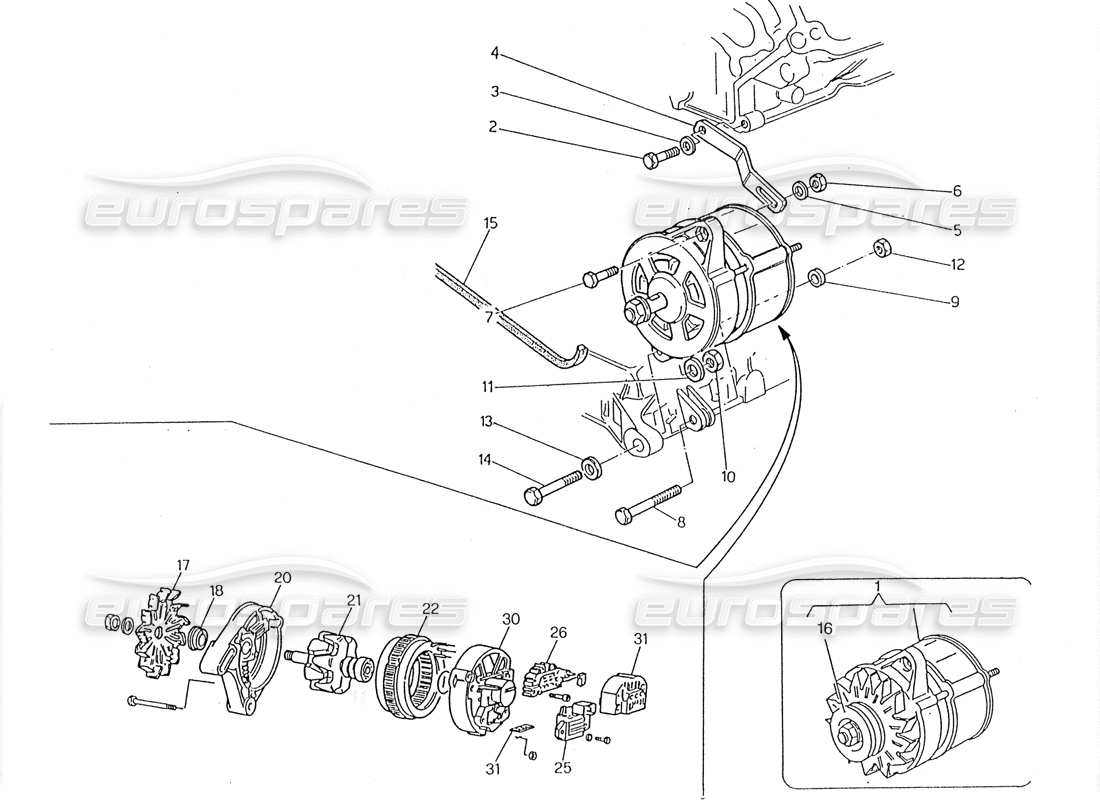 maserati 228 diagrama de piezas del alternador y soporte