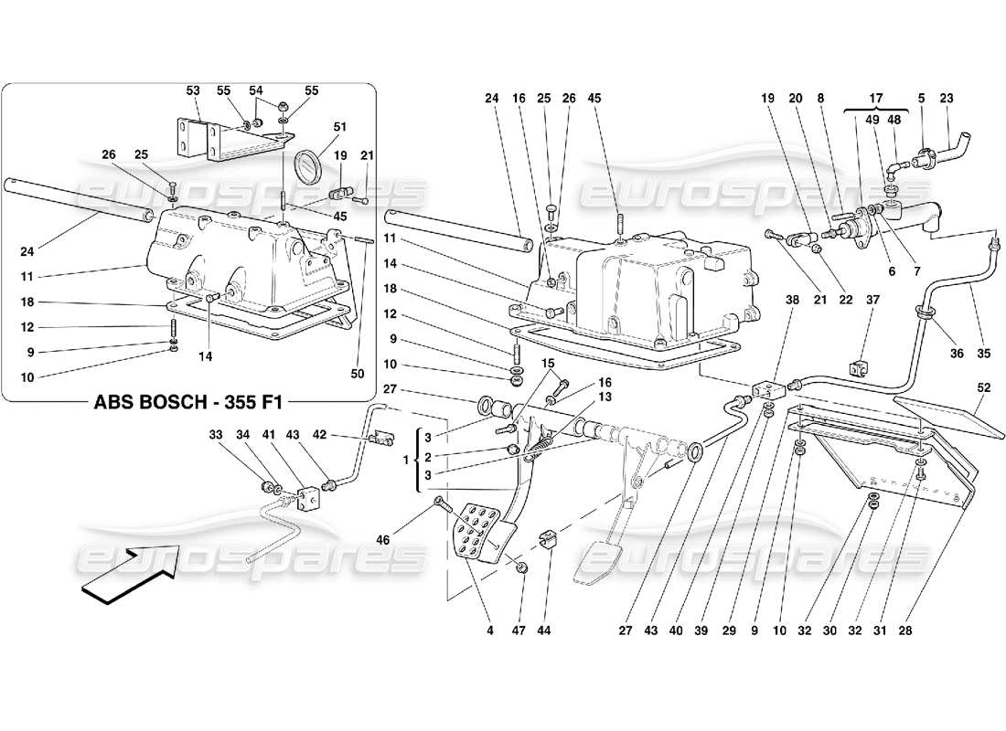 ferrari 355 (5.2 motronic) control de liberación del embrague y soporte del pedal diagrama de piezas