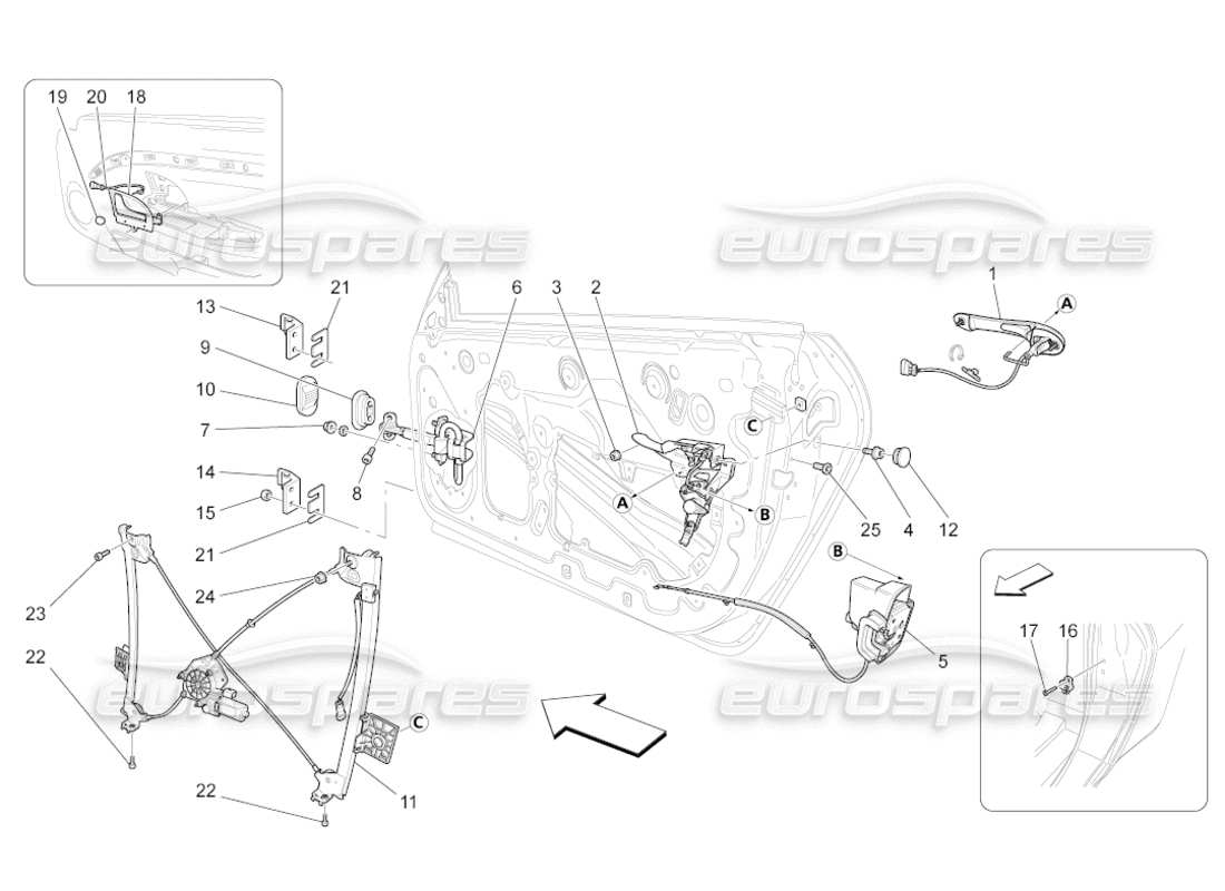 maserati grancabrio (2011) 4.7 puertas delanteras: diagrama de piezas de mecanismos
