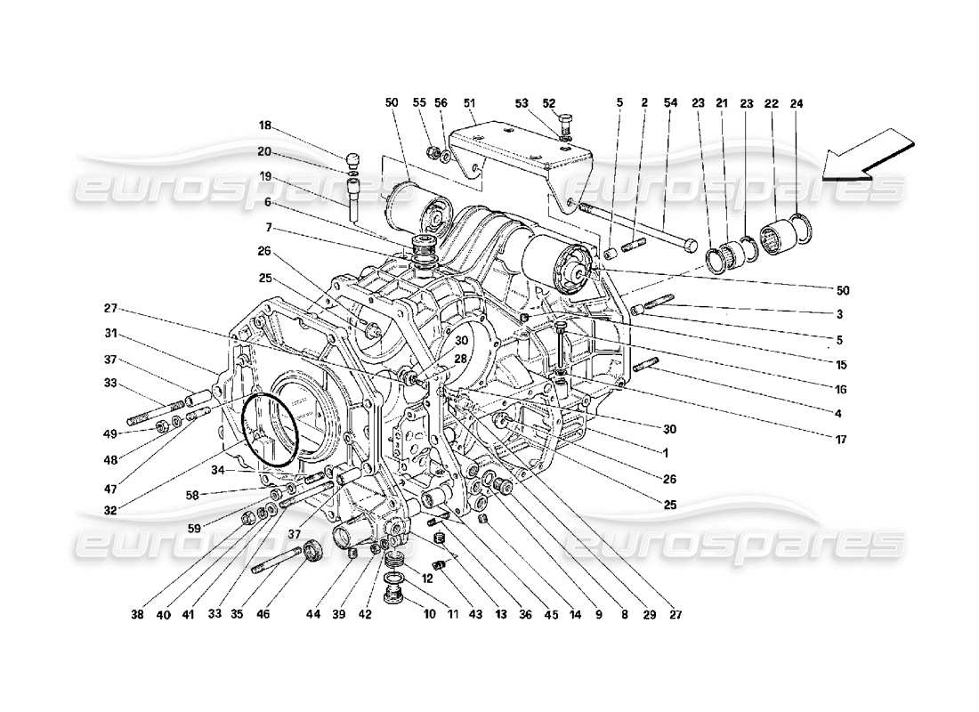 ferrari 348 (2.7 motronic) diagrama de piezas de la carcasa del diferencial y la carcasa intermedia de la caja de cambios