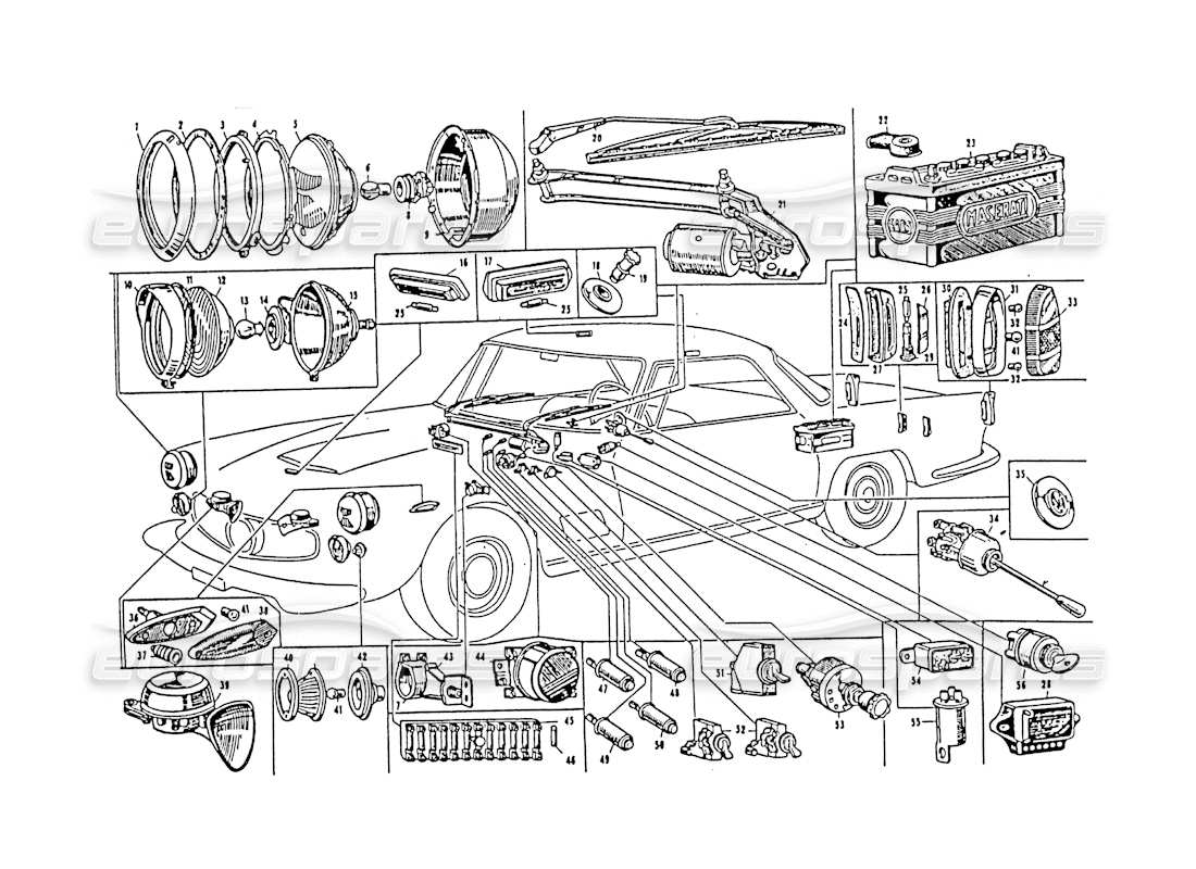 maserati 3500 gt equipo eléctrico del vehículo. diagrama de piezas