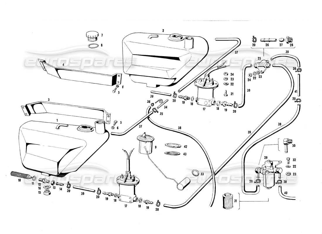 maserati qtp.v8 4.7 (s1 & s2) 1967 diagrama de piezas del tanque de combustible y la bomba