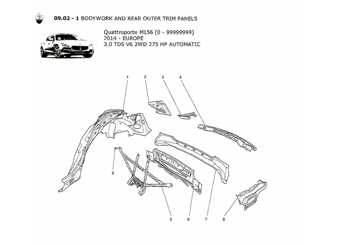 maserati qtp. v6 3.0 tds 275bhp 2014 diagrama de piezas de la carrocería y los paneles exteriores traseros