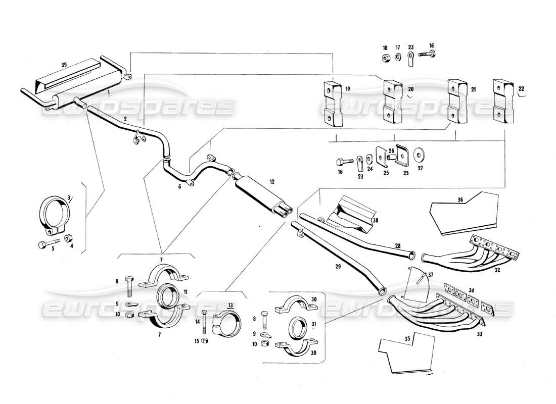 maserati qtp.v8 4.7 (s1 & s2) 1967 diagrama de piezas de los tubos de escape