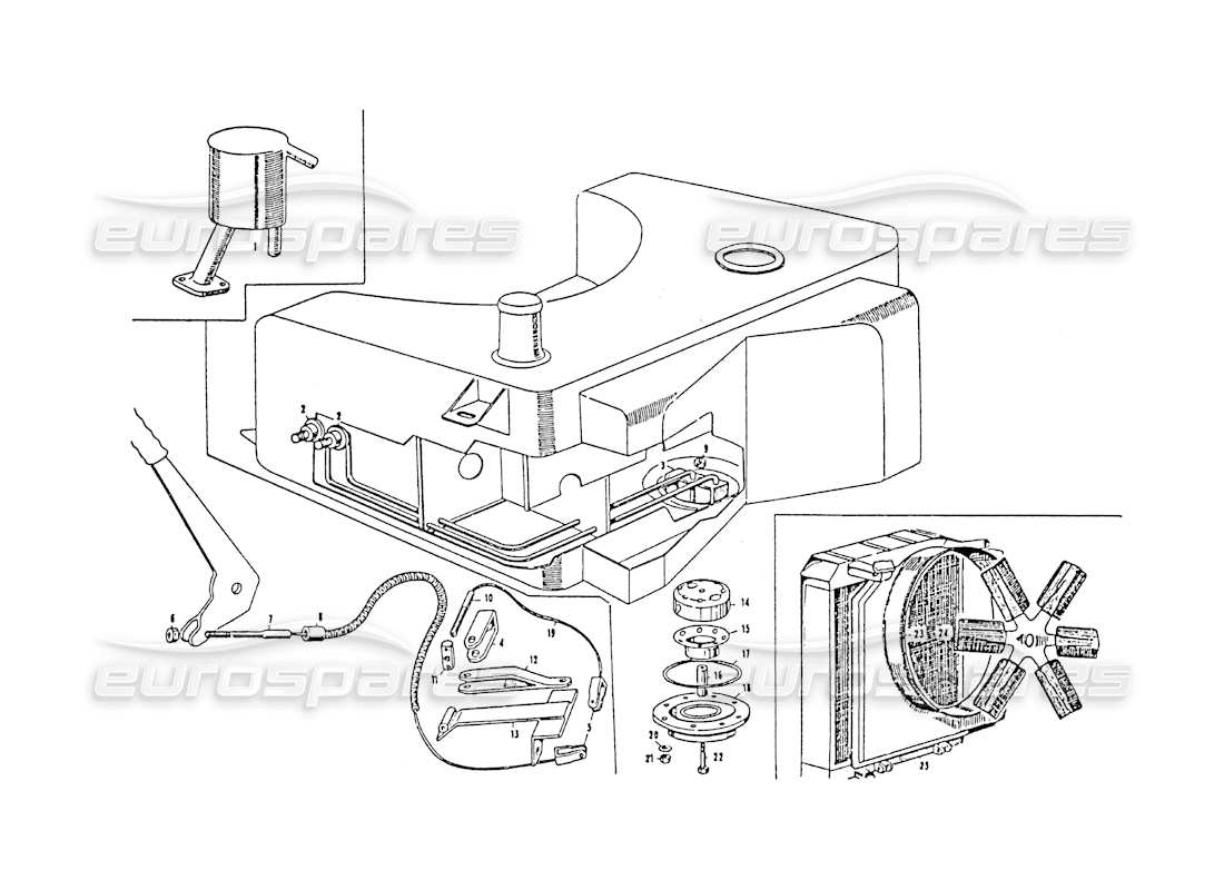 maserati 3500 gt tanque de combustible, freno de mano, radiador de agua diagrama de piezas