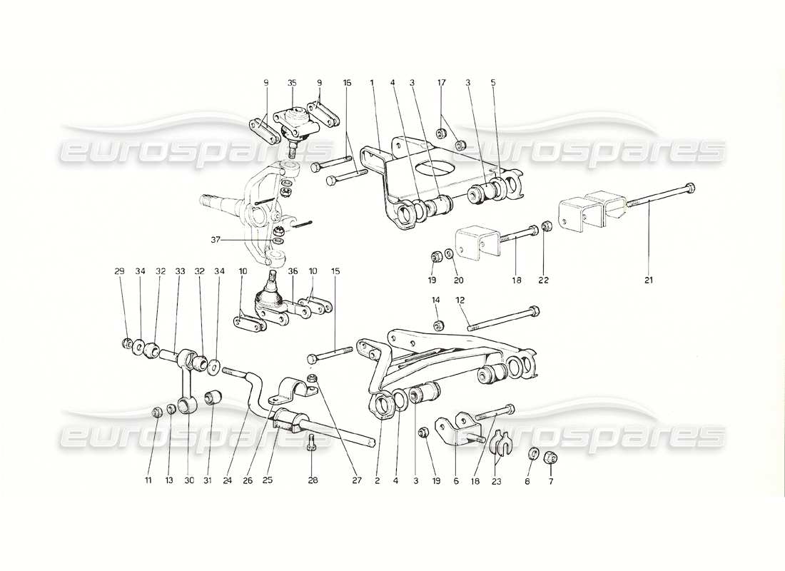 ferrari 308 gt4 dino (1976) suspensión delantera - diagrama de piezas de horquillas