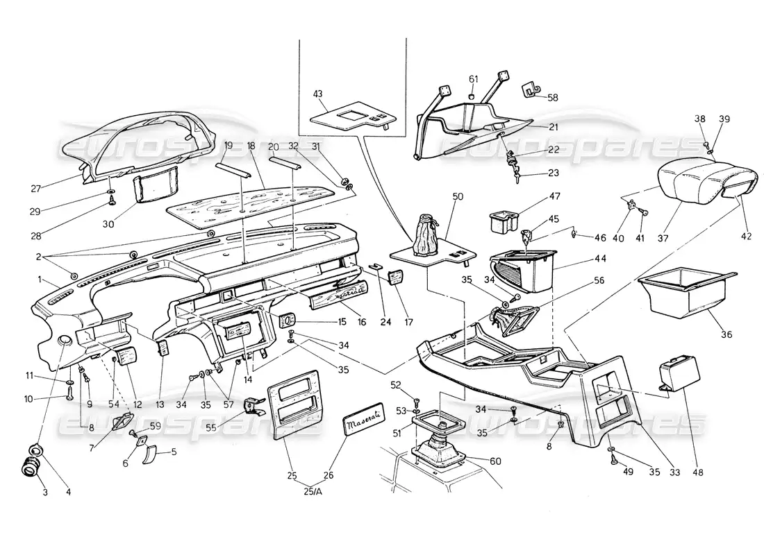 maserati biturbo spider diagrama de piezas del panel de instrumentos y la consola (dirección izquierda)