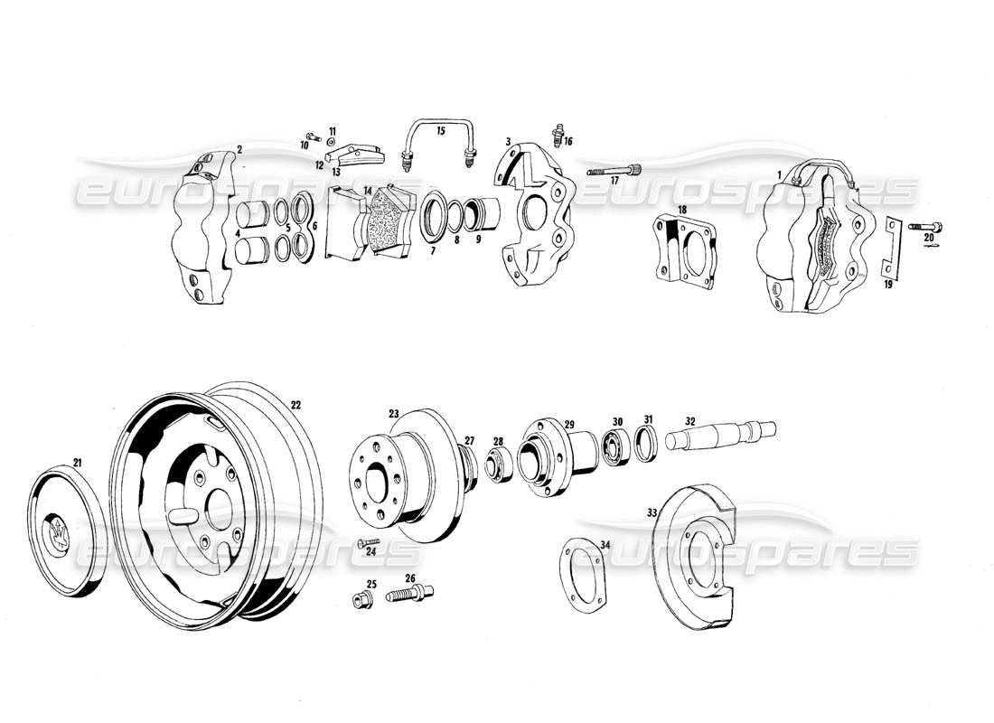 maserati qtp.v8 4.7 (s1 & s2) 1967 diagrama de piezas de frenos y ruedas delanteras