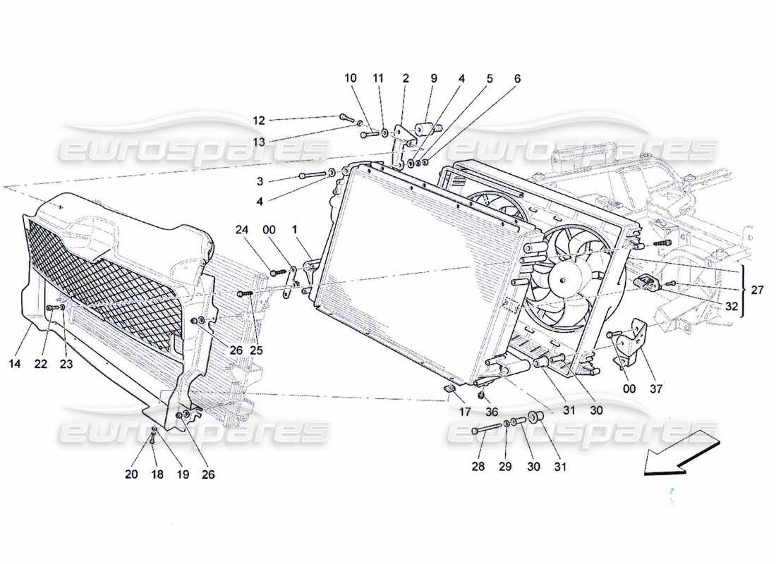 maserati qtp. (2010) 4.7 enfriamiento: diagrama de piezas de conductos y radiadores de aire