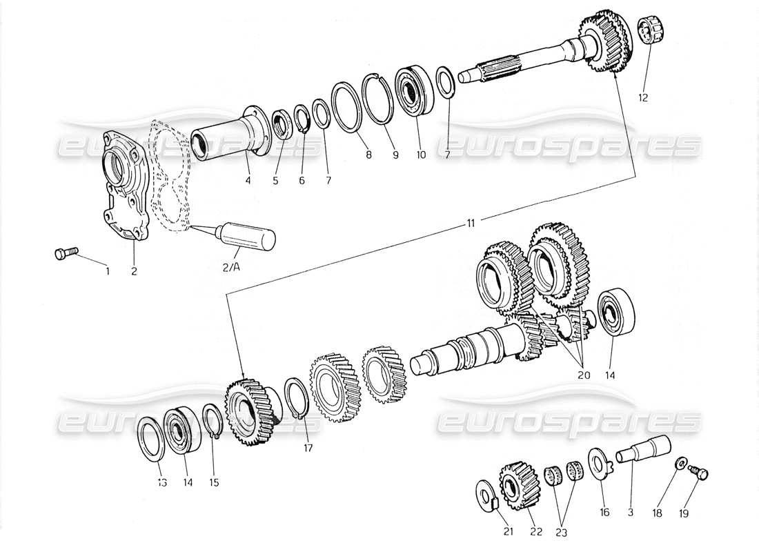 maserati 228 transmisión: diagrama de piezas de eje intermedio y transmisión directa