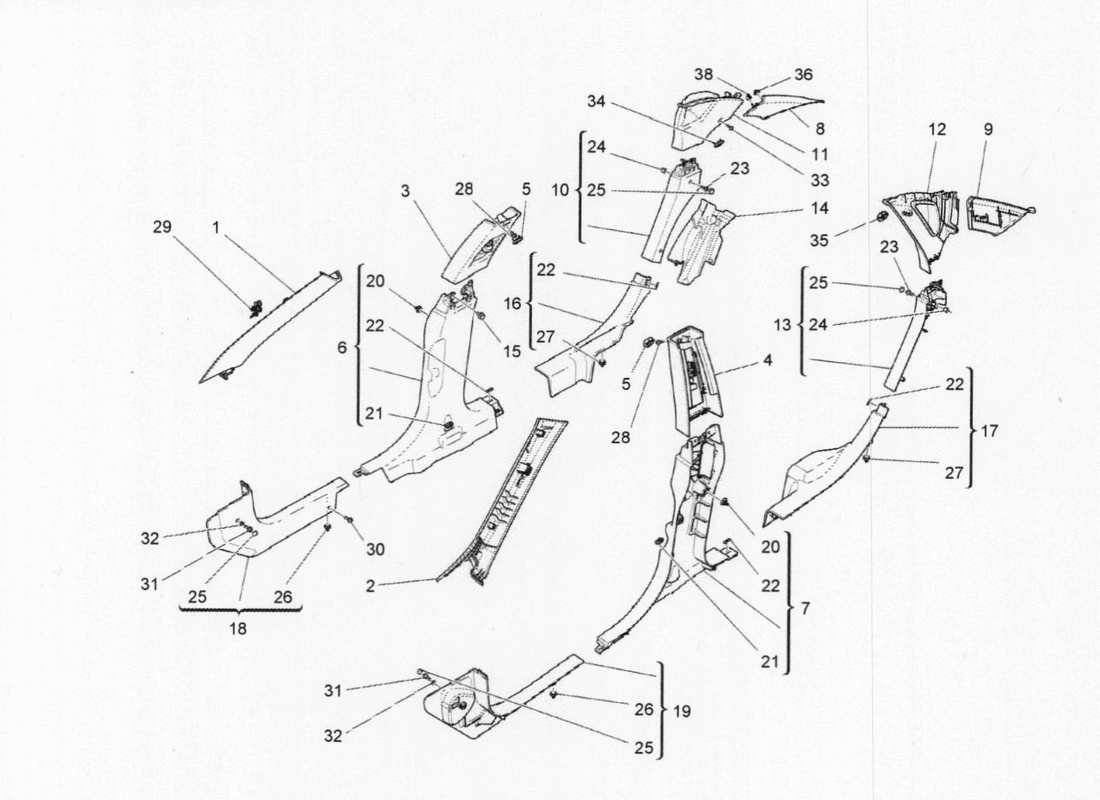 maserati qtp. v6 3.0 bt 410bhp 2015 guarnecido del pilar del habitáculo y paneles laterales diagrama de piezas