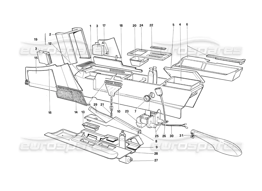 ferrari testarossa (1990) túnel central (para la versión estadounidense) diagrama de piezas