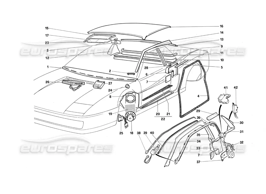 ferrari testarossa (1987) diagrama de piezas de accesorios y adornos