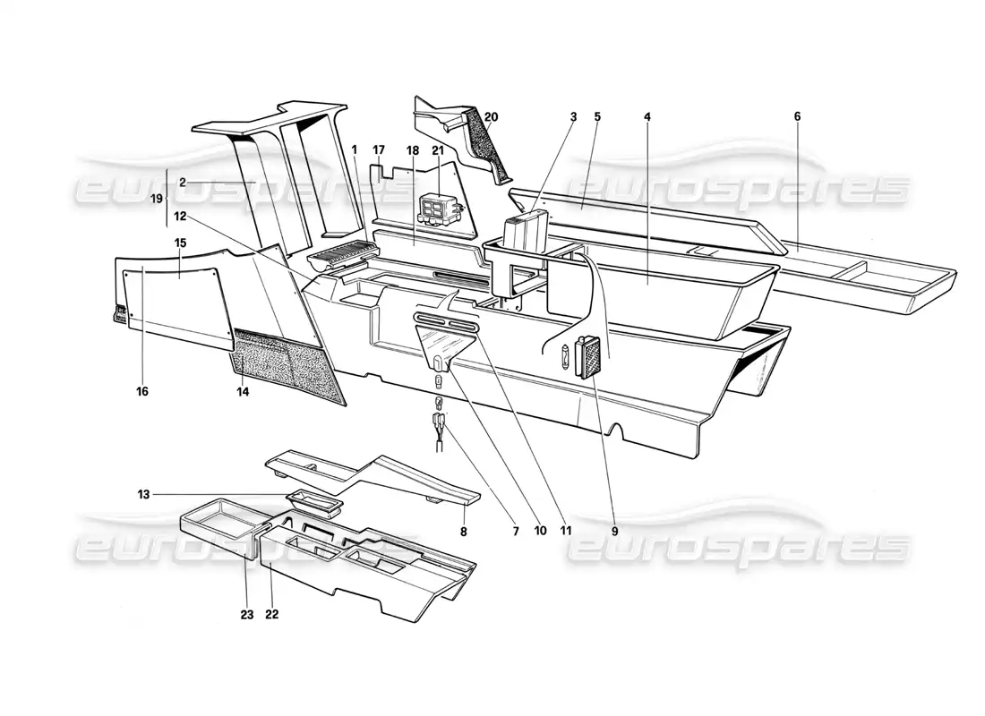 ferrari testarossa (1987) diagrama de piezas del túnel central (no para la versión estadounidense my 1987)