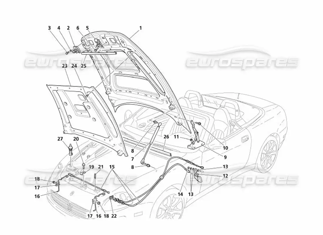 maserati 4200 spyder (2005) capó del motor y dispositivo de apertura diagrama de piezas