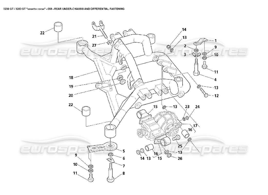 maserati 3200 gt/gta/assetto corsa diagrama de piezas de fijación del diferencial y debajo del chasis trasero