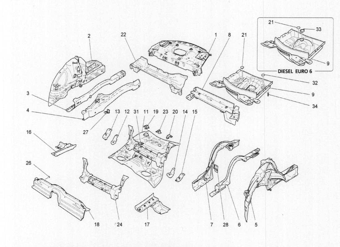 maserati qtp. v6 3.0 bt 410bhp 2015 diagrama de piezas de marcos estructurales traseros y paneles de chapa