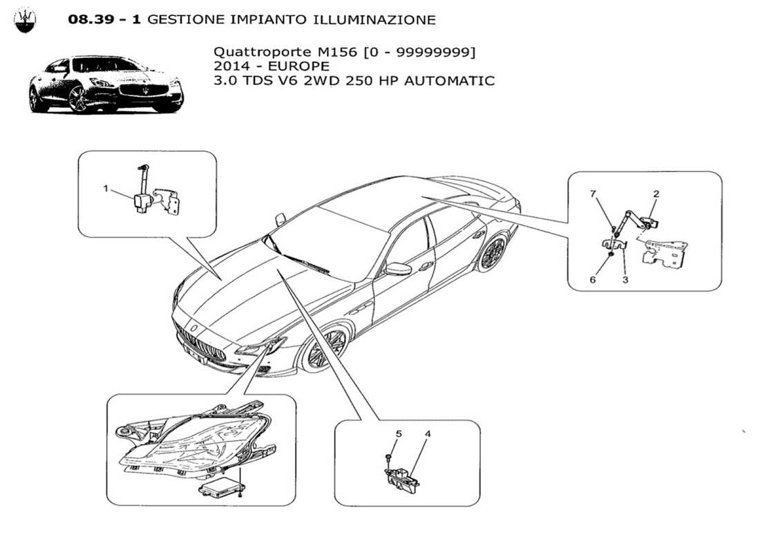 maserati qtp. v6 3.0 tds 250bhp 2014 diagrama de piezas de control del sistema de iluminación