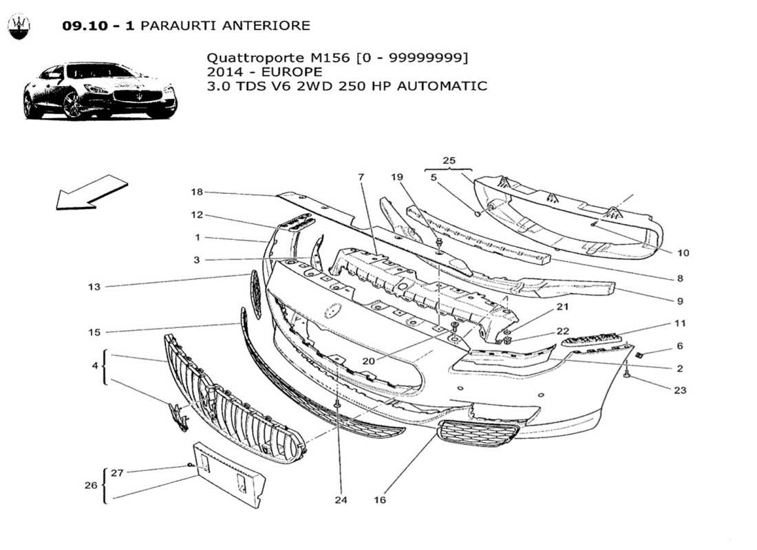 maserati qtp. v6 3.0 tds 250bhp 2014 diagrama de piezas del parachoques delantero