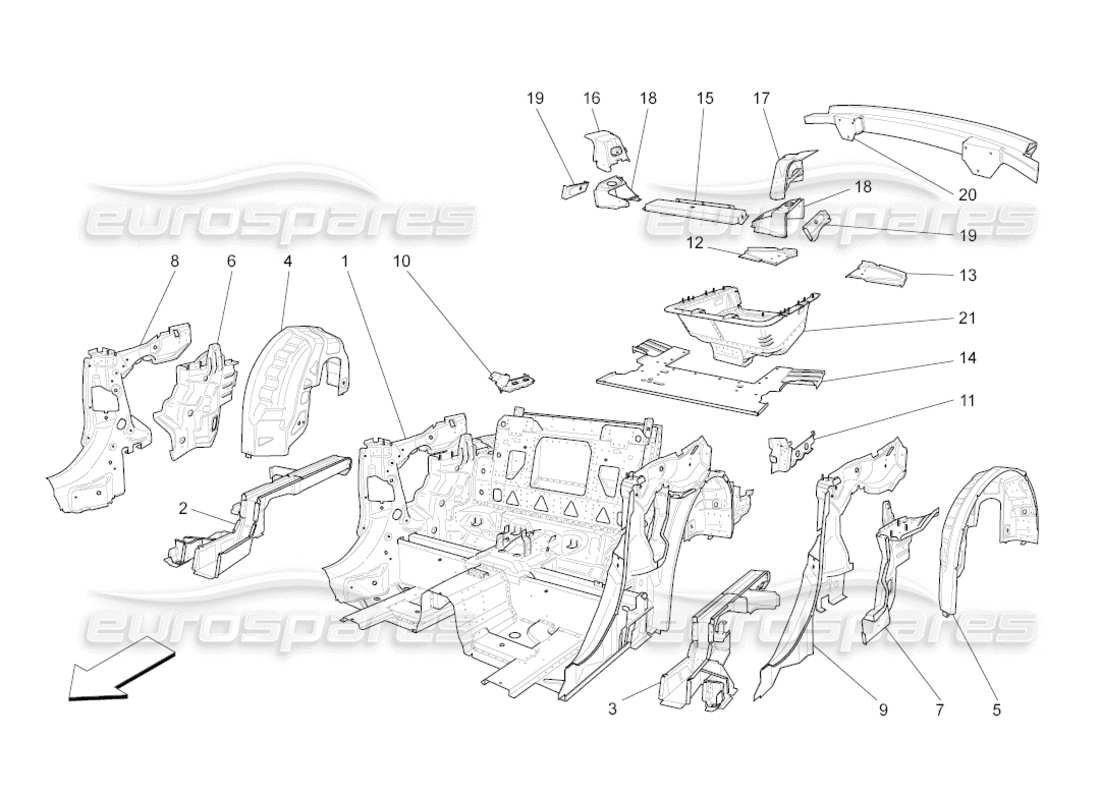 maserati grancabrio (2010) 4.7 diagrama de piezas de marcos estructurales traseros y paneles de chapa