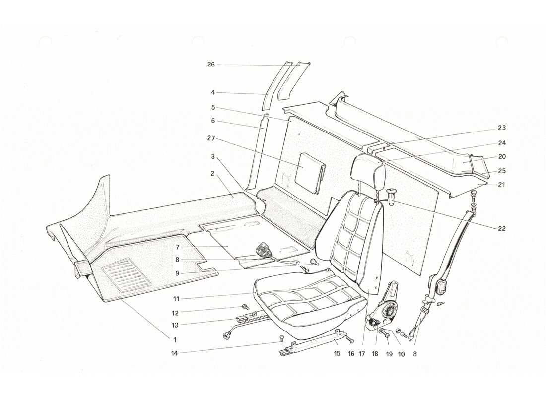 ferrari 208 gtb gts diagrama de piezas de molduras interiores, accesorios y asientos