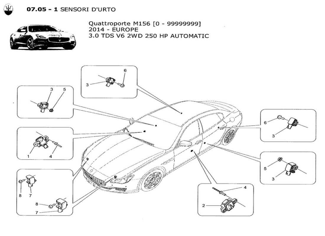 maserati qtp. v6 3.0 tds 250bhp 2014 diagrama de piezas de los sensores de colisión