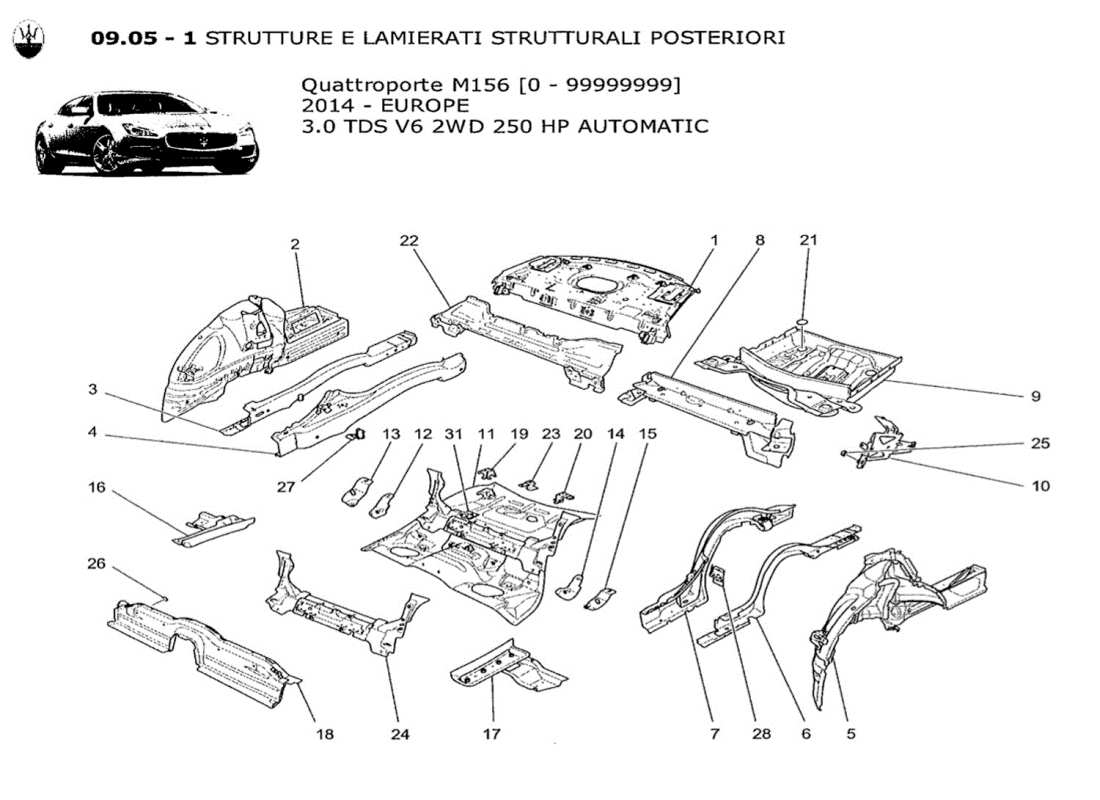 maserati qtp. v6 3.0 tds 250bhp 2014 diagrama de piezas de marcos estructurales traseros y paneles de chapa