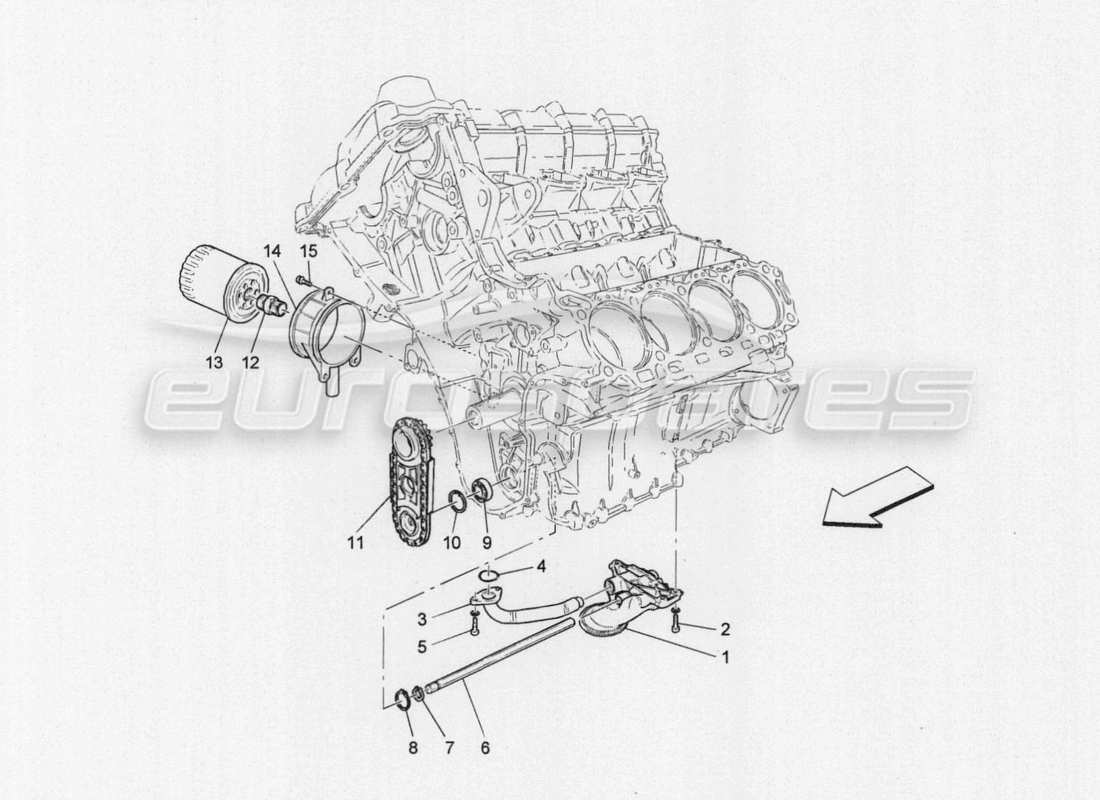 maserati granturismo special edition sistema de lubricación: diagrama de piezas de bomba y filtro