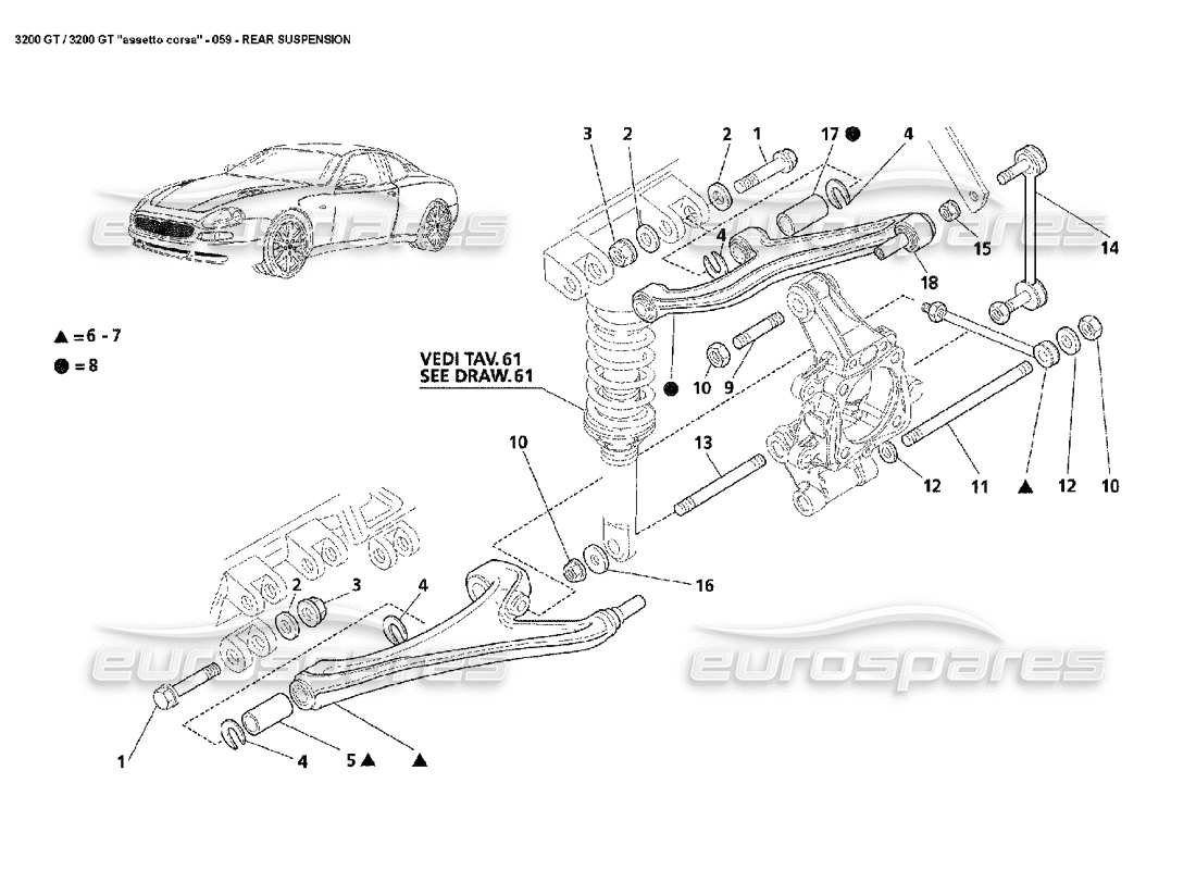 maserati 3200 gt/gta/assetto corsa diagrama de piezas de la suspensión trasera