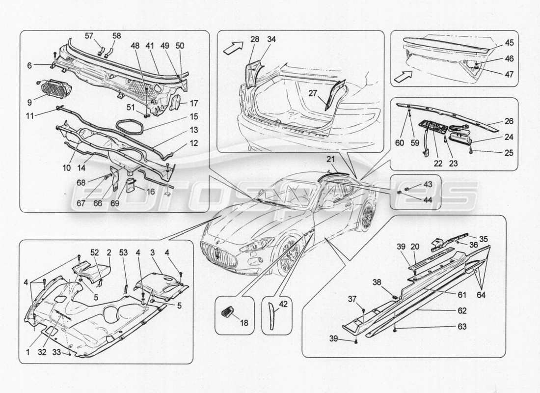 maserati granturismo special edition protectores, embellecedores y paneles de cobertura diagrama de piezas