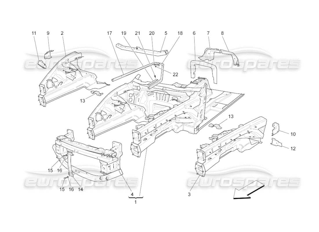 maserati grancabrio (2010) 4.7 diagrama de piezas de marcos estructurales frontales y paneles laminares