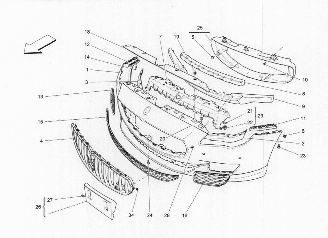 maserati qtp. v6 3.0 bt 410bhp 2015 diagrama de piezas del parachoques delantero