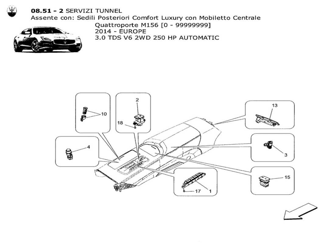 maserati qtp. v6 3.0 tds 250bhp 2014 diagrama de piezas de los dispositivos de la consola central