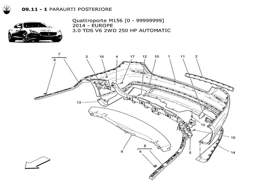 maserati qtp. v6 3.0 tds 250bhp 2014 diagrama de piezas del parachoques trasero