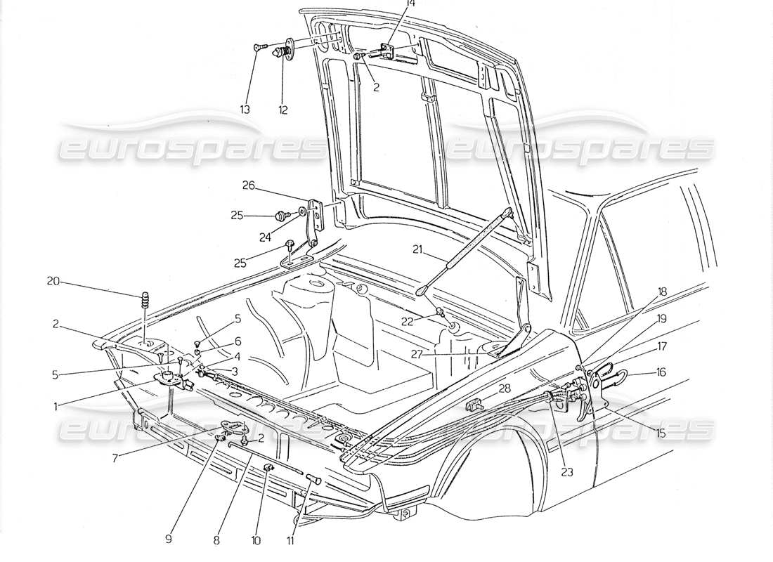 maserati 228 capó: diagrama de piezas de liberación del capó y bisagras